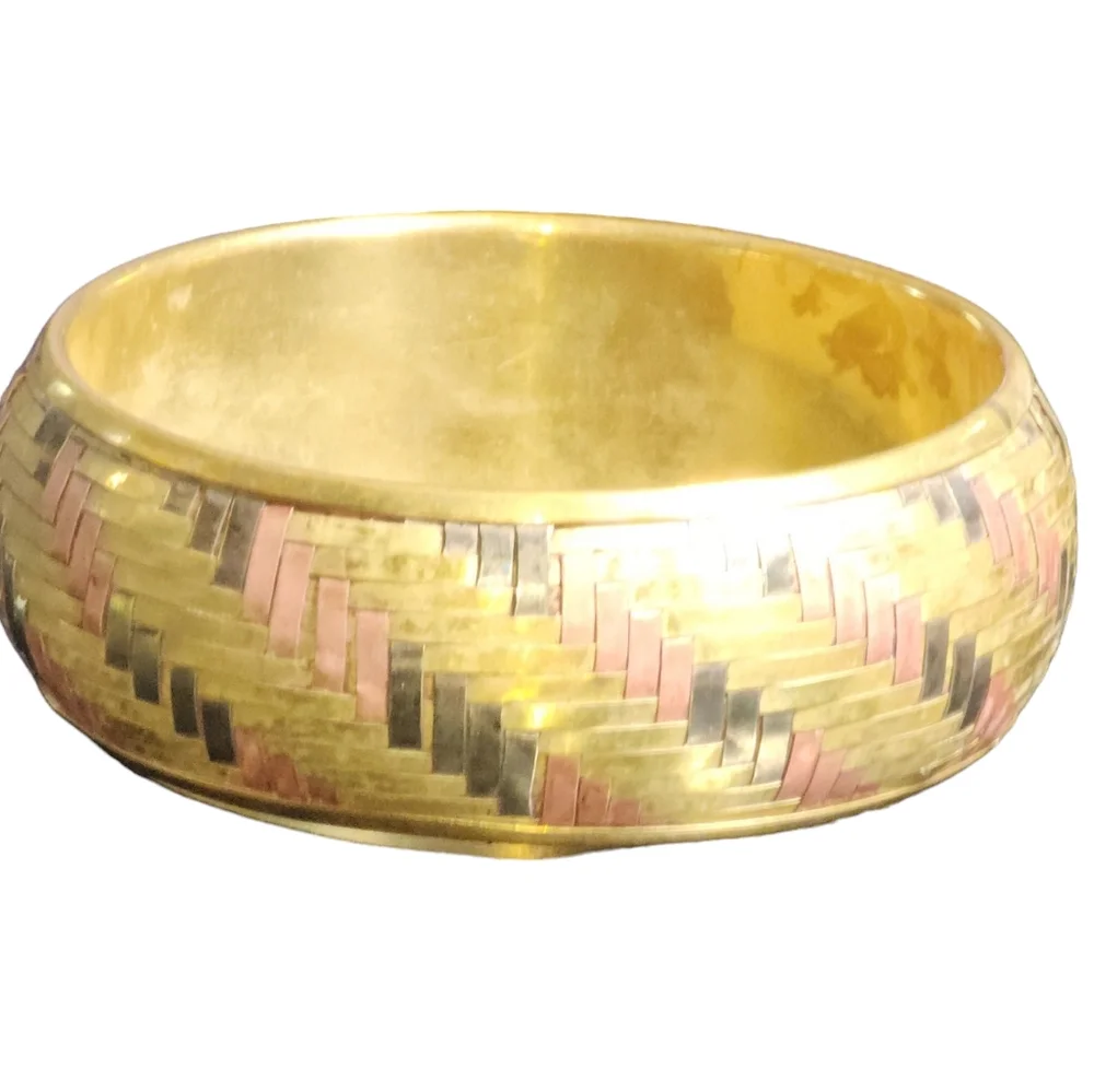 Vintage Boho Tri-Color Brass Copper & Silver Plated Basket Weave Bangle Bracelet
